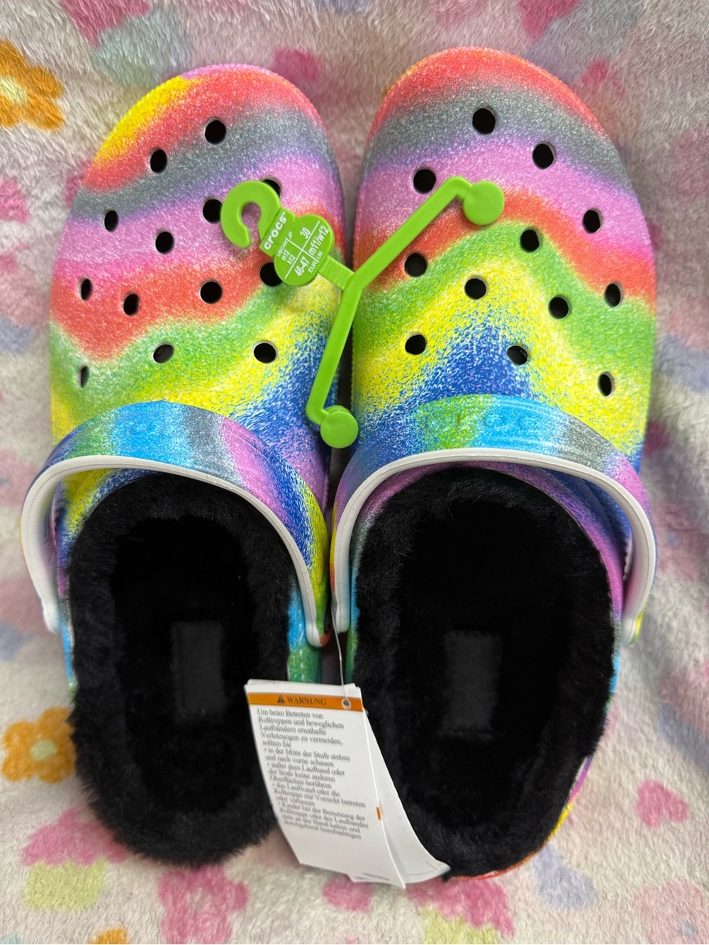 CROCS Rainbow Fuzzy-Lined Clogs with Heel Strap